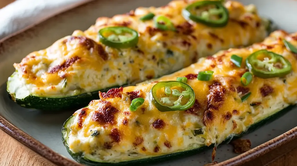Jalapeno Popper Zucchini Boats baked with melted cheese and sliced jalapeños on a plate