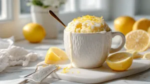 Fluffy lemon mug cake in a white mug topped with lemon glaze and fresh zest on marble counter