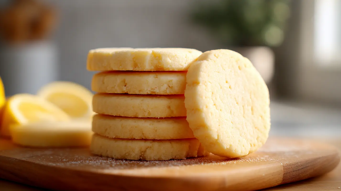 Buttery lemon shortbread cookies sliced and baked, arranged on a wooden board with a soft golden color and melt-in-your-mouth texture.