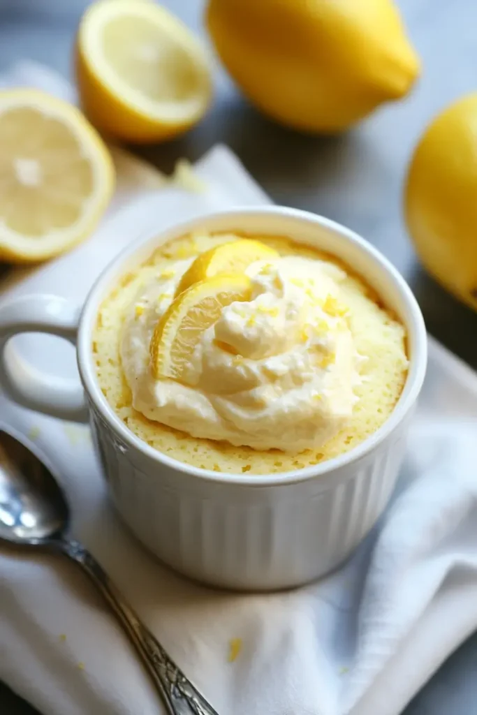 Lemon Mug Cake (Easy Microwave Recipe in 2 Minutes) 4 Vertical Pinterest image showing 2 minute lemon mug cake with text overlay and fresh lemon slices