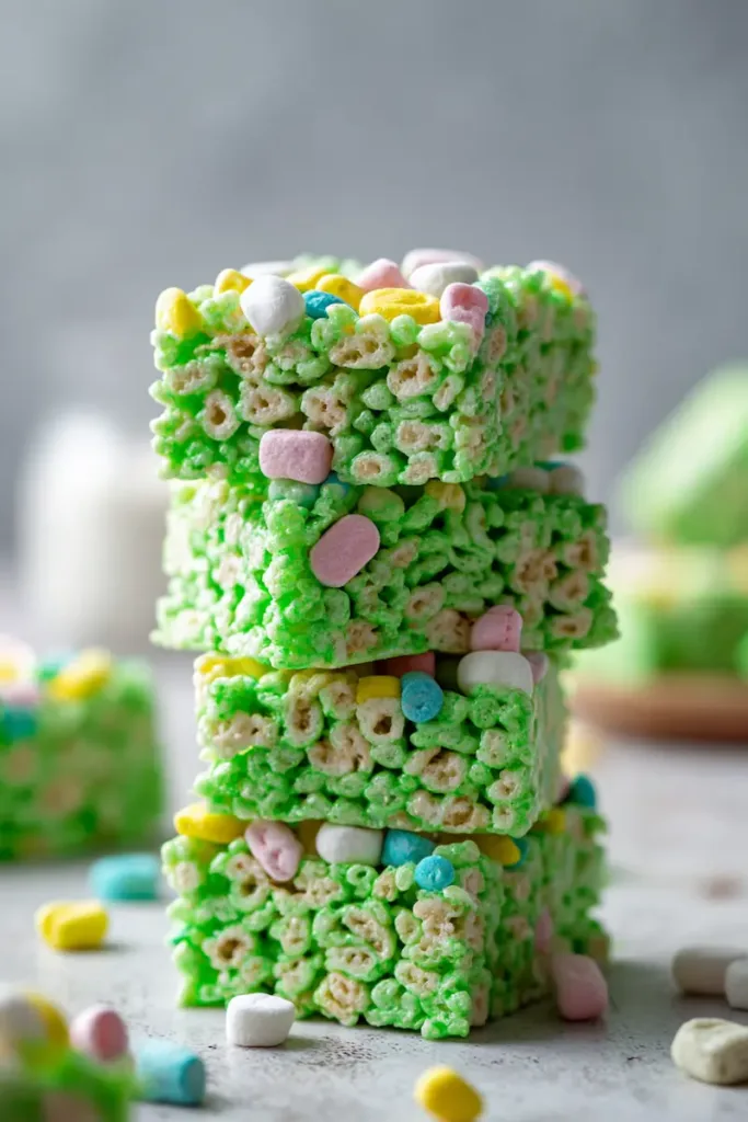 Lucky Charms Rice Krispie Treats (St Patricks Day Dessert) 2 Stacked Lucky Charms Rice Krispie Treats with colorful marshmallows, festive St Patricks Day dessert