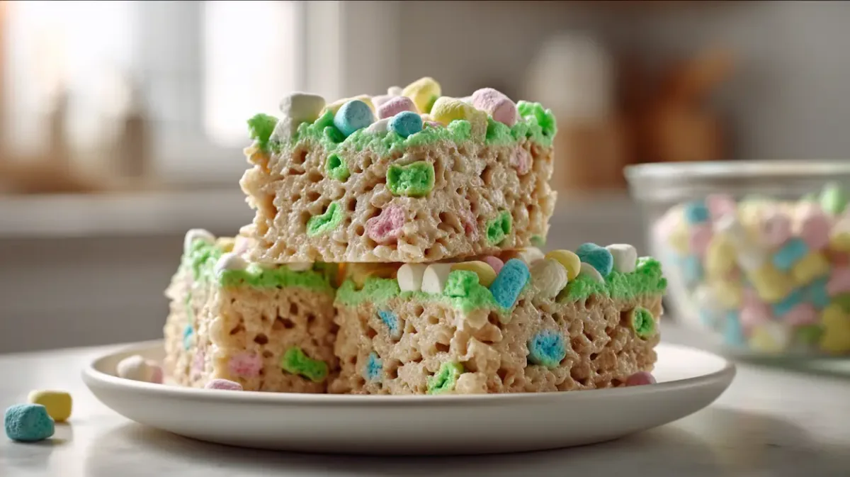 Lucky Charms Rice Krispie Treats (St Patricks Day Dessert) 1 Stacked Lucky Charms Rice Krispie Treats with colorful marshmallows, bright green cereal bars served on a white plate for a festive St Patricks Day dessert.
