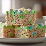 Stacked Lucky Charms Rice Krispie Treats with colorful marshmallows, bright green cereal bars served on a white plate for a festive St Patricks Day dessert.