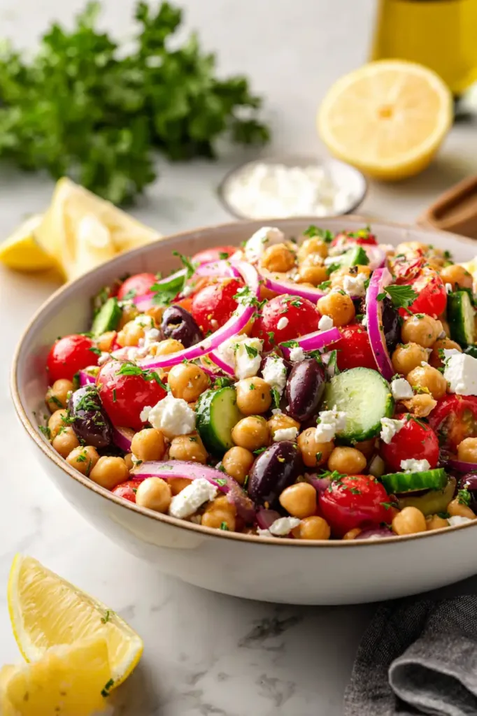 Mediterranean Chickpea Salad (Fresh, Healthy & Budget-Friendly) 2 Colorful Mediterranean Chickpea Salad with garbanzo beans, cucumber, tomatoes, olives, and feta in a ceramic bowl