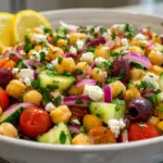 Colorful Mediterranean Chickpea Salad in a large bowl with garbanzo beans, cherry tomatoes, cucumber, red onion, olives, and feta cheese in natural light.