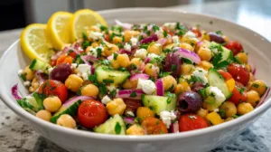 Colorful Mediterranean Chickpea Salad in a large bowl with garbanzo beans, cherry tomatoes, cucumber, red onion, olives, and feta cheese in natural light.