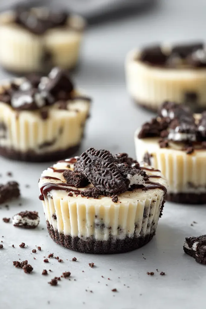 Stacked mini Oreo cheesecake bites showing creamy filling and Oreo cookie layers on a white plate.