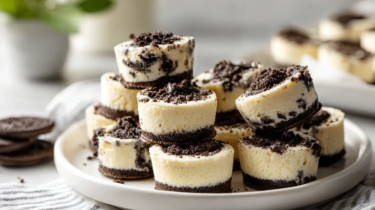 Stacked mini Oreo cheesecake bites showing creamy cheesecake filling with Oreo cookie layers on a white plate in bright natural light.