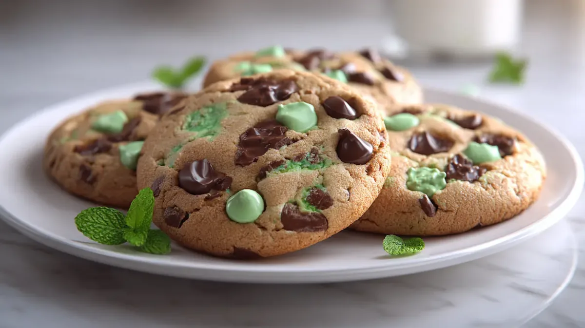 Easy Mint Chocolate Chip Cookies (Soft & Chewy, High-Protein Option) 1 Soft and chewy mint chocolate chip cookies stacked on a white plate with melted chocolate chips and green mint chips visible