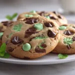Soft and chewy mint chocolate chip cookies stacked on a white plate with melted chocolate chips and green mint chips visible