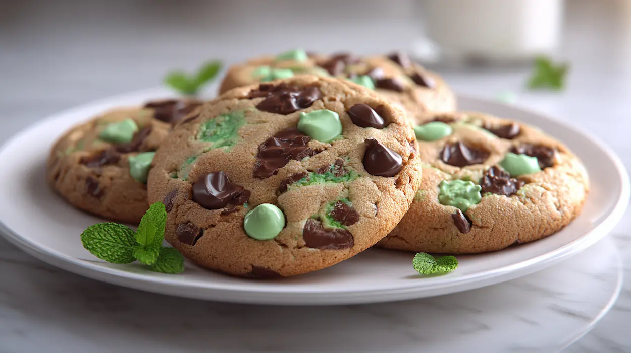Easy Mint Chocolate Chip Cookies (Soft & Chewy, High-Protein Option) 4 Soft and chewy mint chocolate chip cookies stacked on a white plate with melted chocolate chips and green mint chips visible