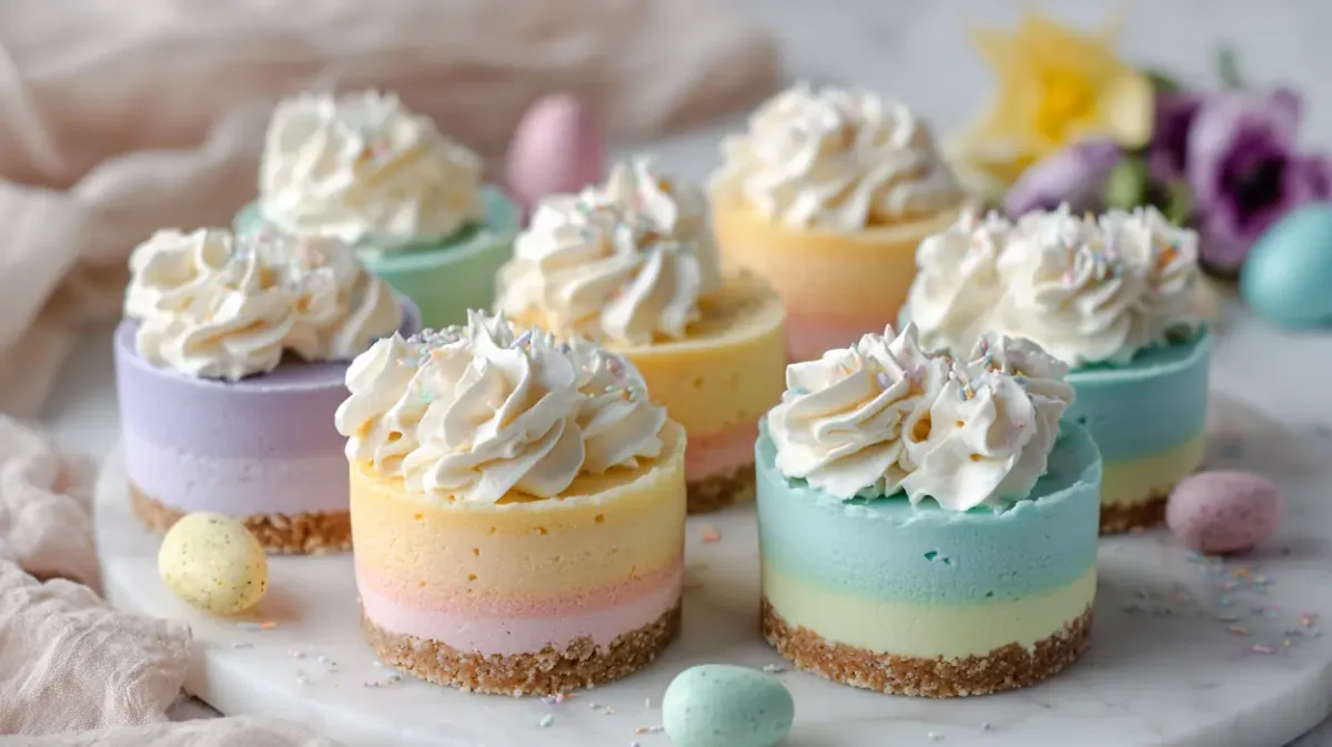 No Bake Easter Mini Cheesecakes Easy Recipe 1 Pastel layered no bake Easter mini cheesecakes topped with whipped cream and sprinkles on a light marble surface.