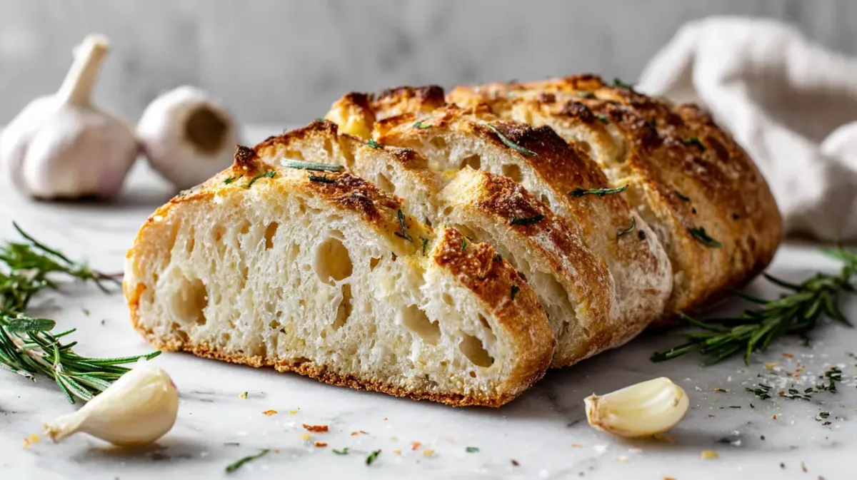Golden no knead rosemary garlic bread loaf with crispy crust and soft airy crumb on rustic wooden table