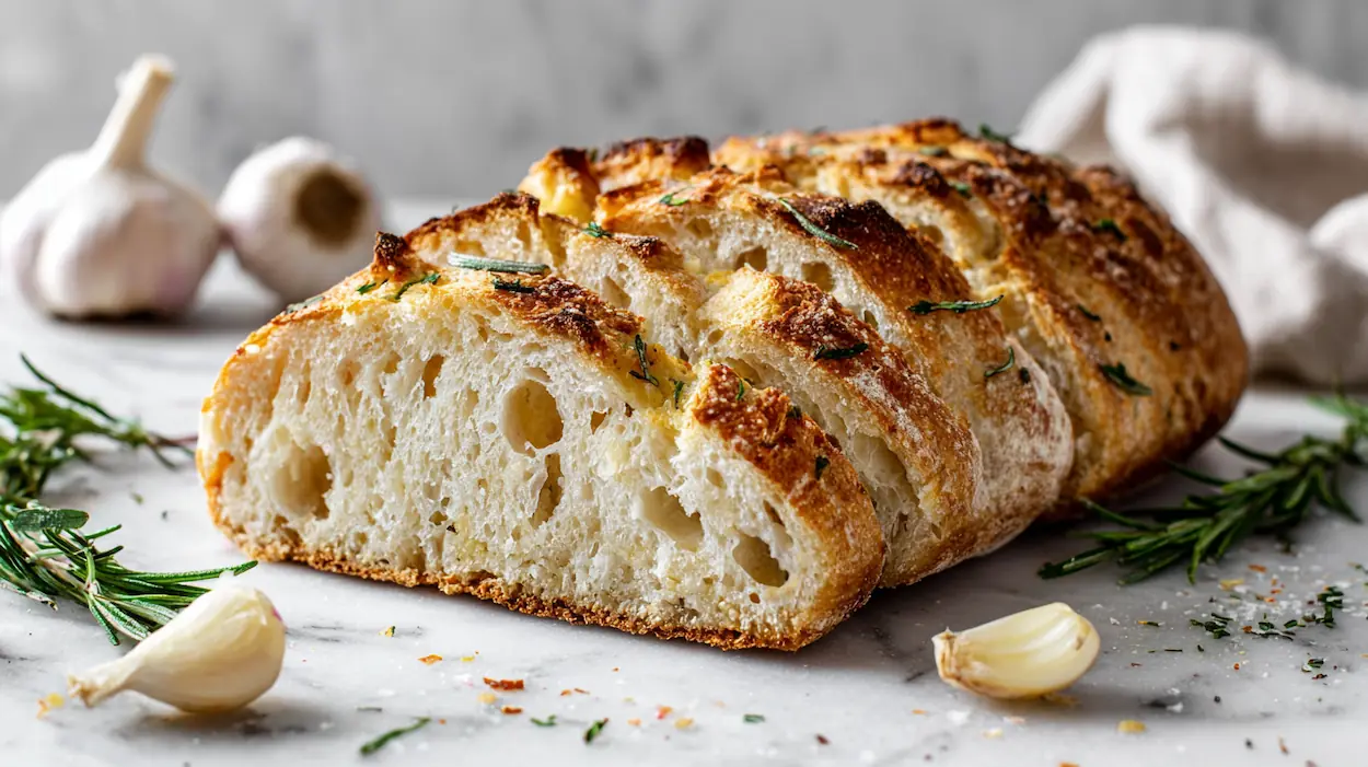 Golden no knead rosemary garlic bread loaf with crispy crust and soft airy crumb on rustic wooden table