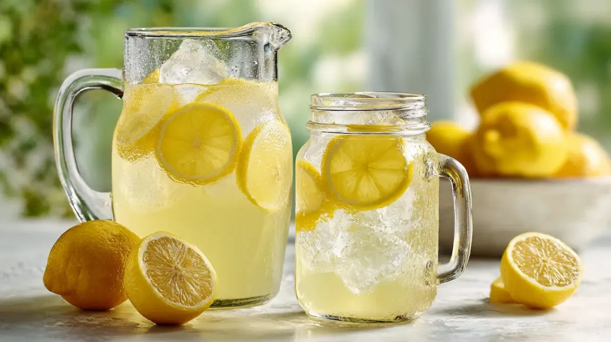Glass of old fashioned homemade lemonade with fresh lemon slices and ice cubes in bright natural light
