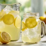 Glass of old fashioned homemade lemonade with fresh lemon slices and ice cubes in bright natural light