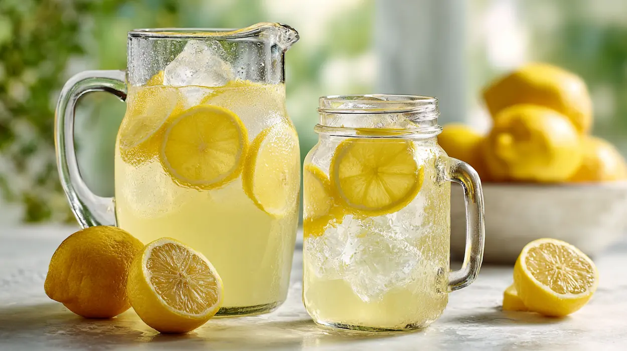Glass of old fashioned homemade lemonade with fresh lemon slices and ice cubes in bright natural light