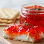 Red Pepper Jelly Recipe (Easy Homemade Version) Homemade red pepper jelly recipe in a glass jar served over cream cheese with crackers on a white plate in bright natural light.
