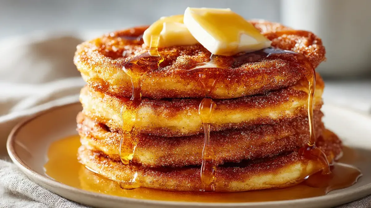 Spanish Churro Pancakes: The Ultimate Sweet Breakfast Treat 1 Stack of Spanish churro pancakes with crispy cinnamon sugar coating, melted butter, and maple syrup on top, served for a sweet breakfast
