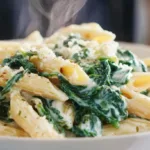 Creamy spinach pasta served in a white bowl, ready in 15 minutes