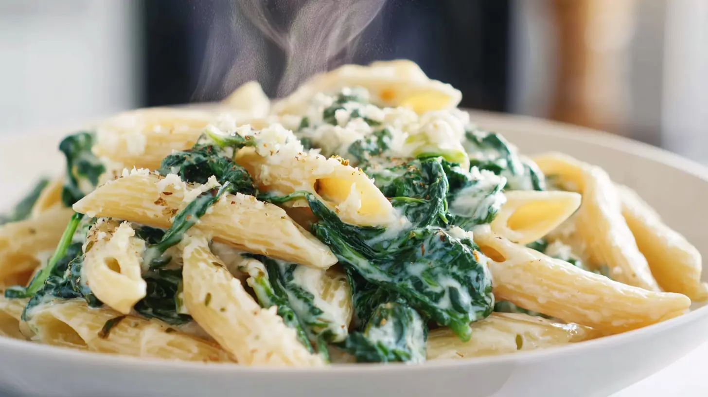 Creamy spinach pasta served in a white bowl, ready in 15 minutes