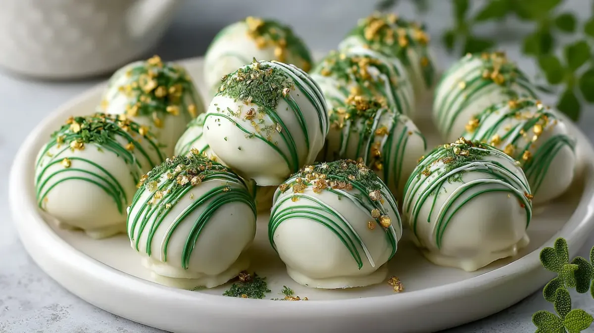 White chocolate coated St. Patrick’s Day Oreo balls with green drizzle and gold sprinkles arranged on a white serving platter in bright natural light.