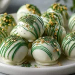 St. Patrick’s Day Oreo Balls (Easy No Bake Treat Everyone Loves) White chocolate coated St. Patrick’s Day Oreo balls with green drizzle and gold sprinkles arranged on a white serving platter in bright natural light.