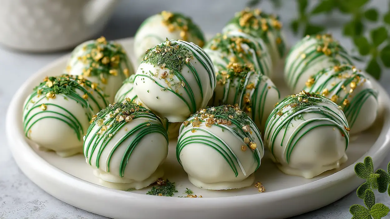 White chocolate coated St. Patrick’s Day Oreo balls with green drizzle and gold sprinkles arranged on a white serving platter in bright natural light.