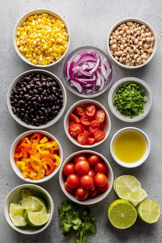 Flat lay of Texas caviar ingredients including black beans, black-eyed peas, corn, bell pepper, cherry tomatoes, red onion, lime, olive oil, and fresh cilantro.