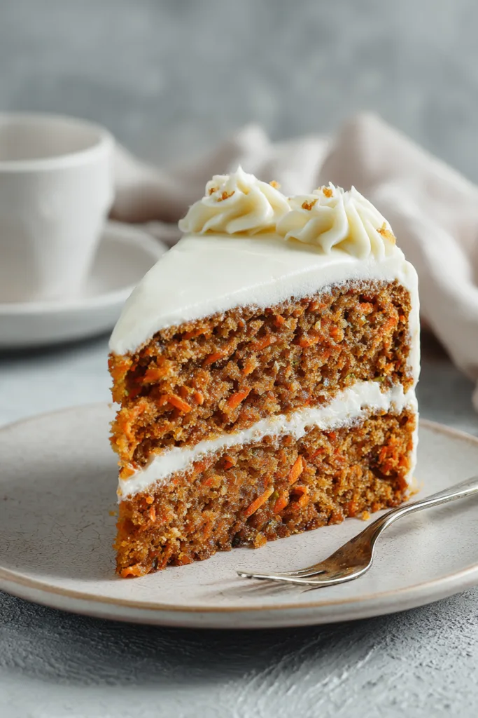Slice of ultra moist carrot cake recipe with thick cream cheese frosting on a plate