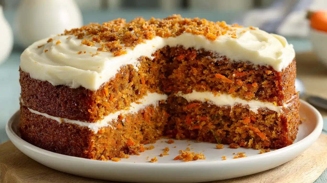 Ultra moist carrot cake recipe with cream cheese frosting, sliced to show soft texture and layered crumb