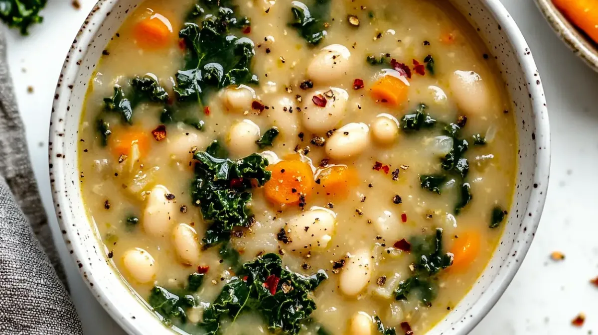 Bowl of Tuscan white bean soup with cannellini beans, kale, carrots, and red pepper flakes in a white bowl on a rustic table.