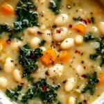 Bowl of Tuscan white bean soup with cannellini beans, kale, carrots, and red pepper flakes in a white bowl on a rustic table.