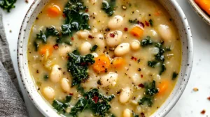 Bowl of Tuscan white bean soup with cannellini beans, kale, carrots, and red pepper flakes in a white bowl on a rustic table.