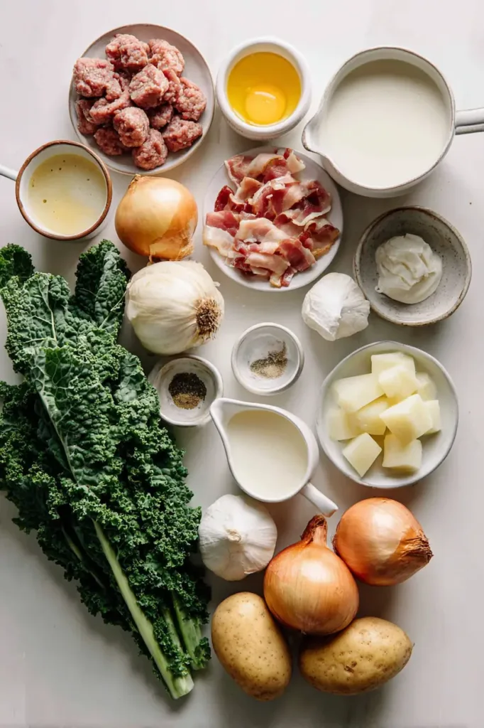 Ingredients for homemade zuppa toscana soup including Italian sausage, potatoes, kale, bacon, onion, garlic, cream, and chicken broth