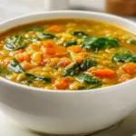 Bowl of anti-inflammatory hearty lentil vegetable soup with red lentils, carrots, spinach, and turmeric broth in natural light.