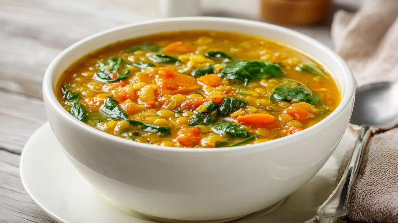 Bowl of anti-inflammatory hearty lentil vegetable soup with red lentils, carrots, spinach, and turmeric broth in natural light.
