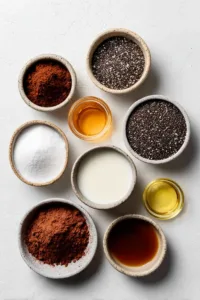 Ingredients for chocolate chia pudding including chia seeds, cocoa powder, plant-based milk, protein powder, and maple syrup