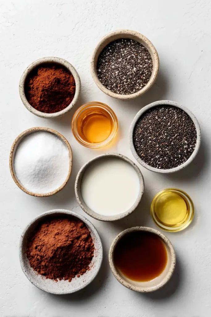 Ingredients for chocolate chia pudding including chia seeds, cocoa powder, plant-based milk, protein powder, and maple syrup