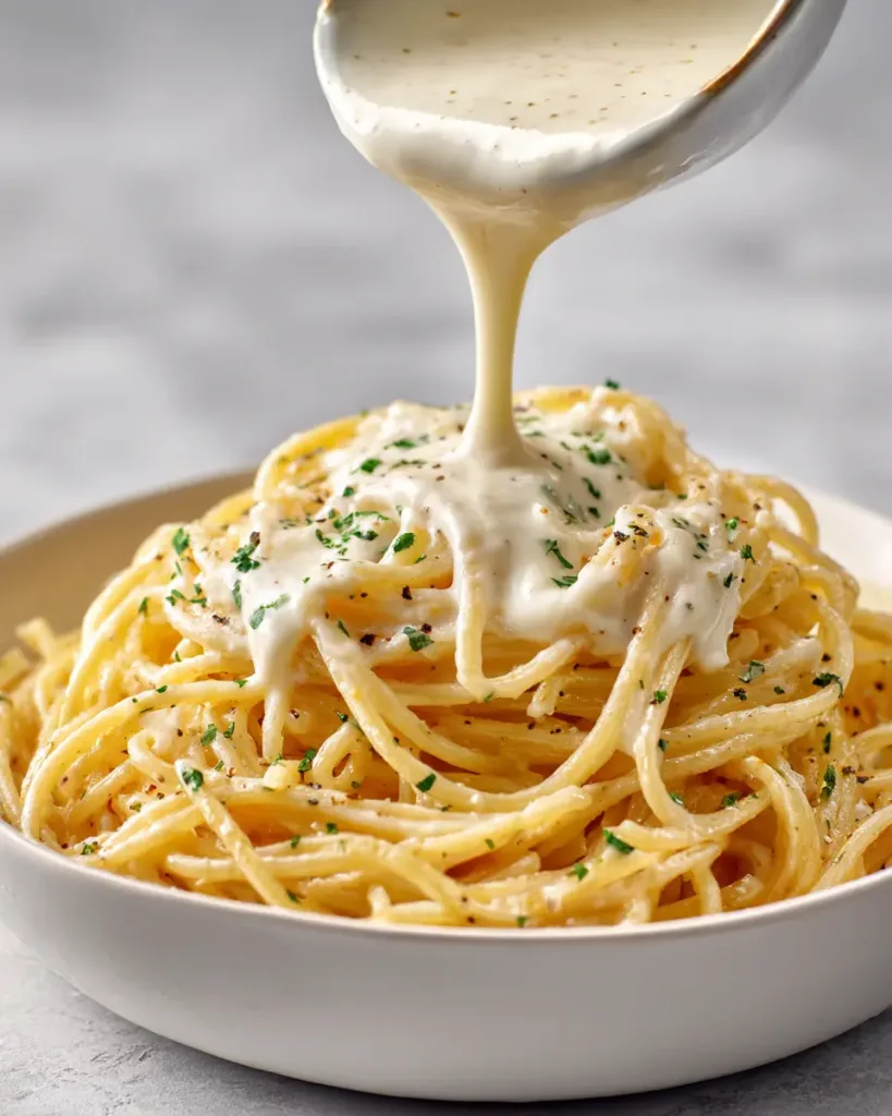 Creamy garlic parmesan sauce in a white bowl garnished with parsley and black pepper on a light marble surface.