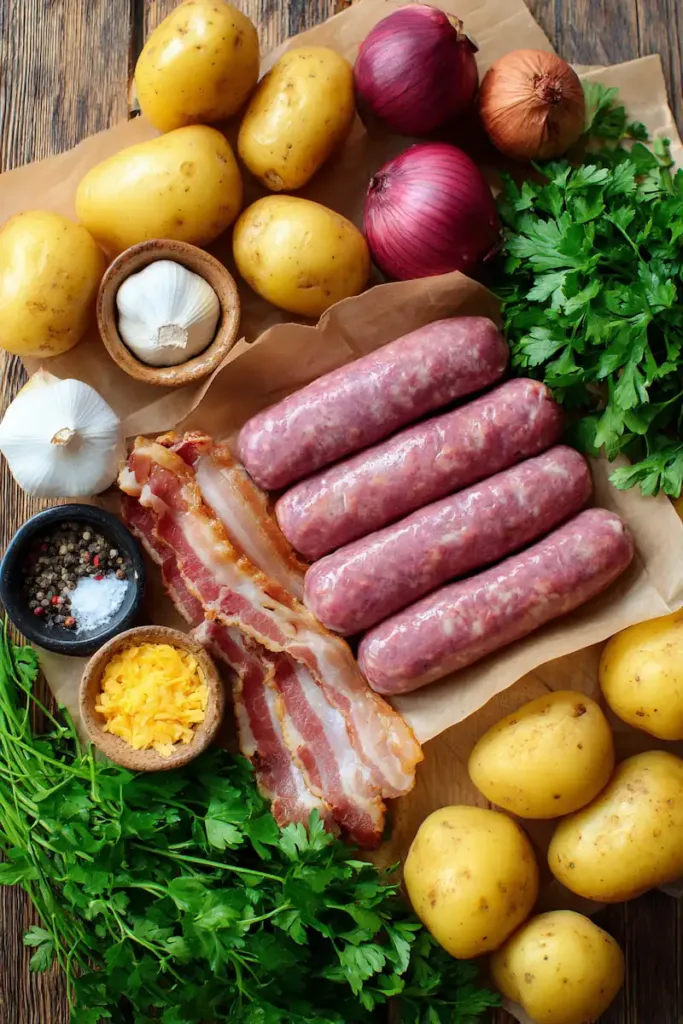 Flat lay of ingredients for Dublin Coddle recipe including raw pork sausages, thick-cut bacon, sliced potatoes, yellow onions, garlic, parsley, salt, and pepper.
