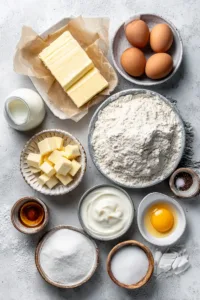 Simple ingredients for a fluffy pancake recipe including flour, eggs, milk, butter, sugar, and baking powder