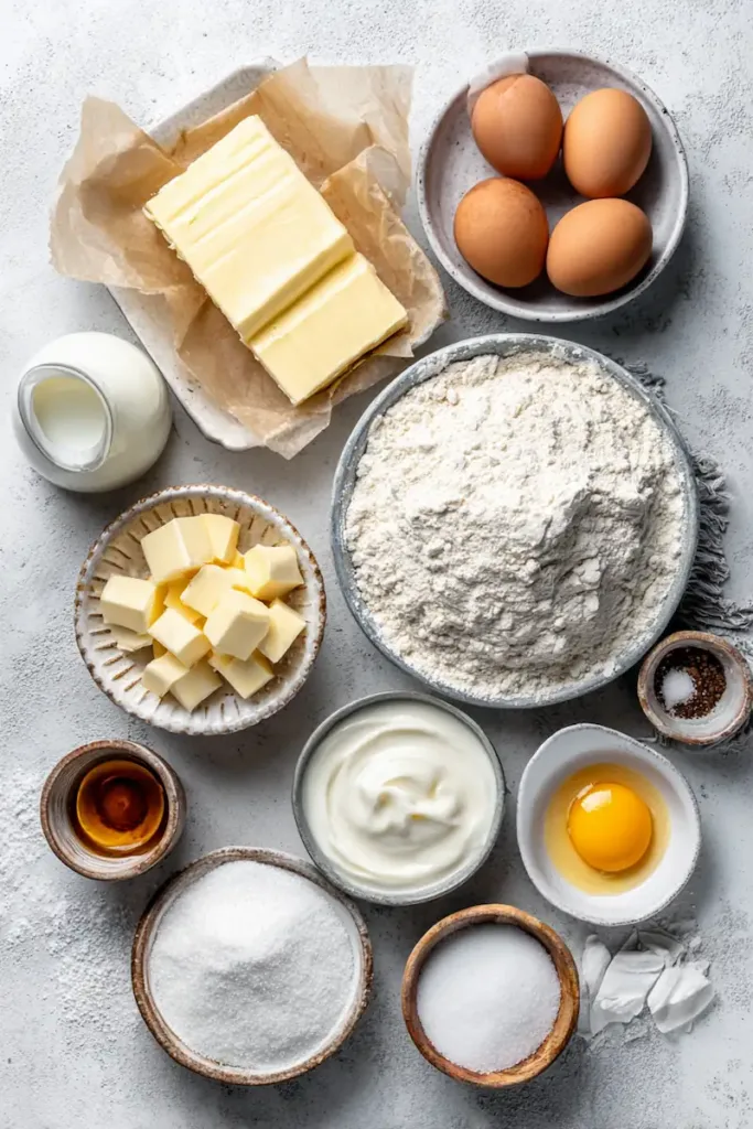 Simple ingredients for a fluffy pancake recipe including flour, eggs, milk, butter, sugar, and baking powder