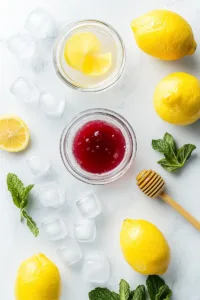 Flat lay of ingredients for honey lemon pink soda including fresh lemons, honey in a glass jar, sparkling water, cranberry juice, mint leaves, and ice cubes on a bright clean surface.