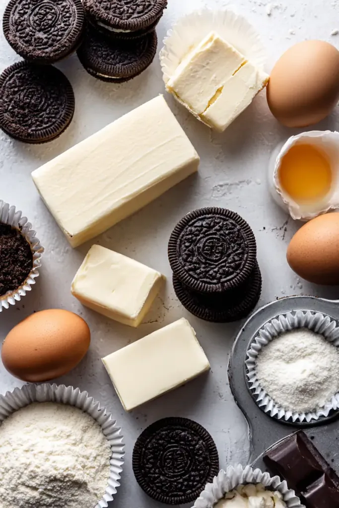 Flat lay of ingredients for mini Oreo cheesecake bites including cream cheese, Oreo cookies, sugar, eggs, and vanilla on a white surface.