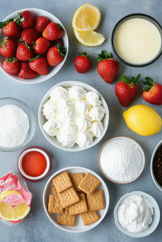 Easy No-Bake Strawberry Cheesecake Bars (Creamy & Budget-Friendly) 3 Flat lay of ingredients for no-bake strawberry cheesecake bars including cream cheese, fresh strawberries, graham crackers, butter, sugar, vanilla extract, lemon, and whipped topping.