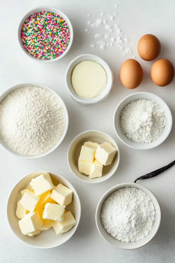 Easy Shamrock Sugar Cookies for St Patrick's Day 3 Flat lay of ingredients for shamrock sugar cookies including flour, sugar, butter, egg, vanilla, baking powder, and green food coloring on a light countertop