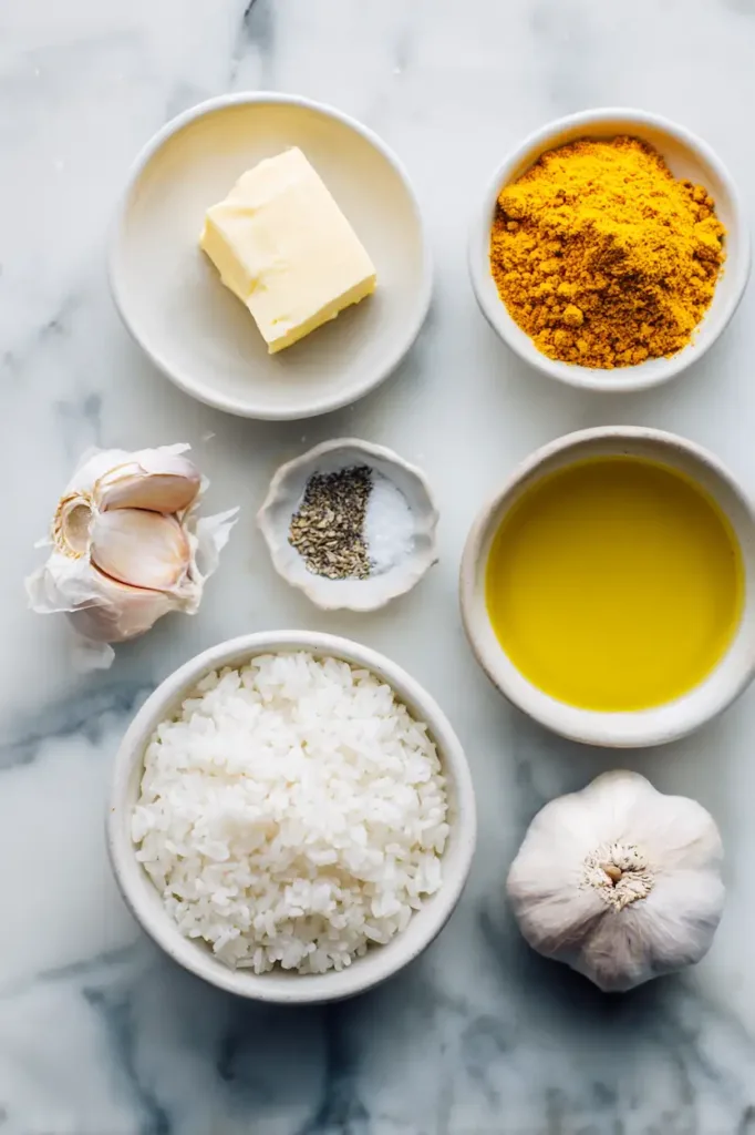 Flat lay of ingredients for turmeric rice including white rice, ground turmeric, garlic, butter, olive oil, and vegetable broth on a light surface
