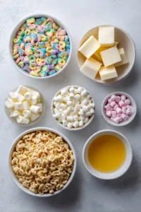 Lucky Charms Rice Krispie Treats (St Patricks Day Dessert) 5 Flat lay of ingredients for Lucky Charms Rice Krispie Treats including cereal, mini marshmallows, butter, and vanilla extract on a light countertop.