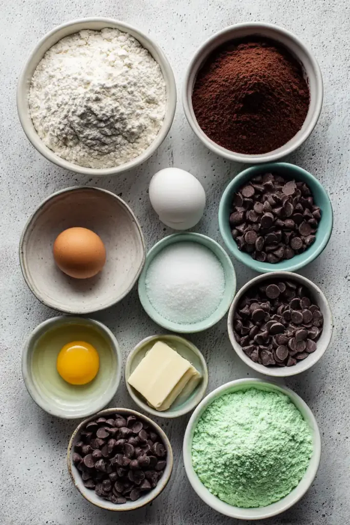 Flat lay of mint brownies ingredients including cocoa powder, flour, eggs, butter, sugar, peppermint extract, powdered sugar, and chocolate chips arranged in bowls
